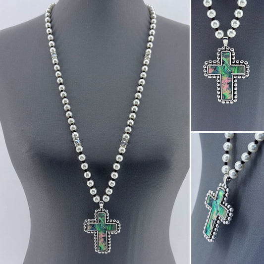 Long Pearls Necklace With Abalone Garden Cross Pendant