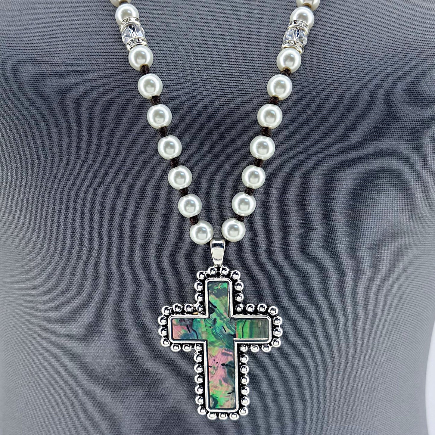 Long Pearls Necklace With Abalone Garden Cross Pendant