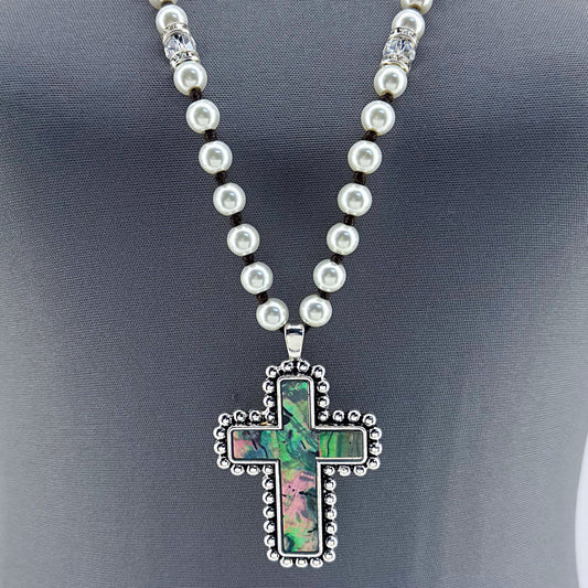 Long Pearls Necklace With Abalone Garden Cross Pendant