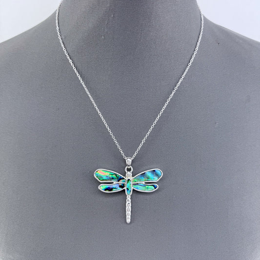 Silver Finish Necklace With Garden Abalone Dragonfly Pendant