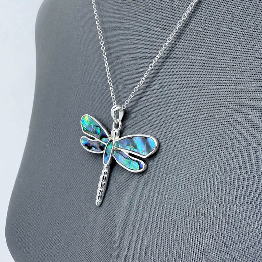 Silver Finish Necklace With Garden Abalone Dragonfly Pendant