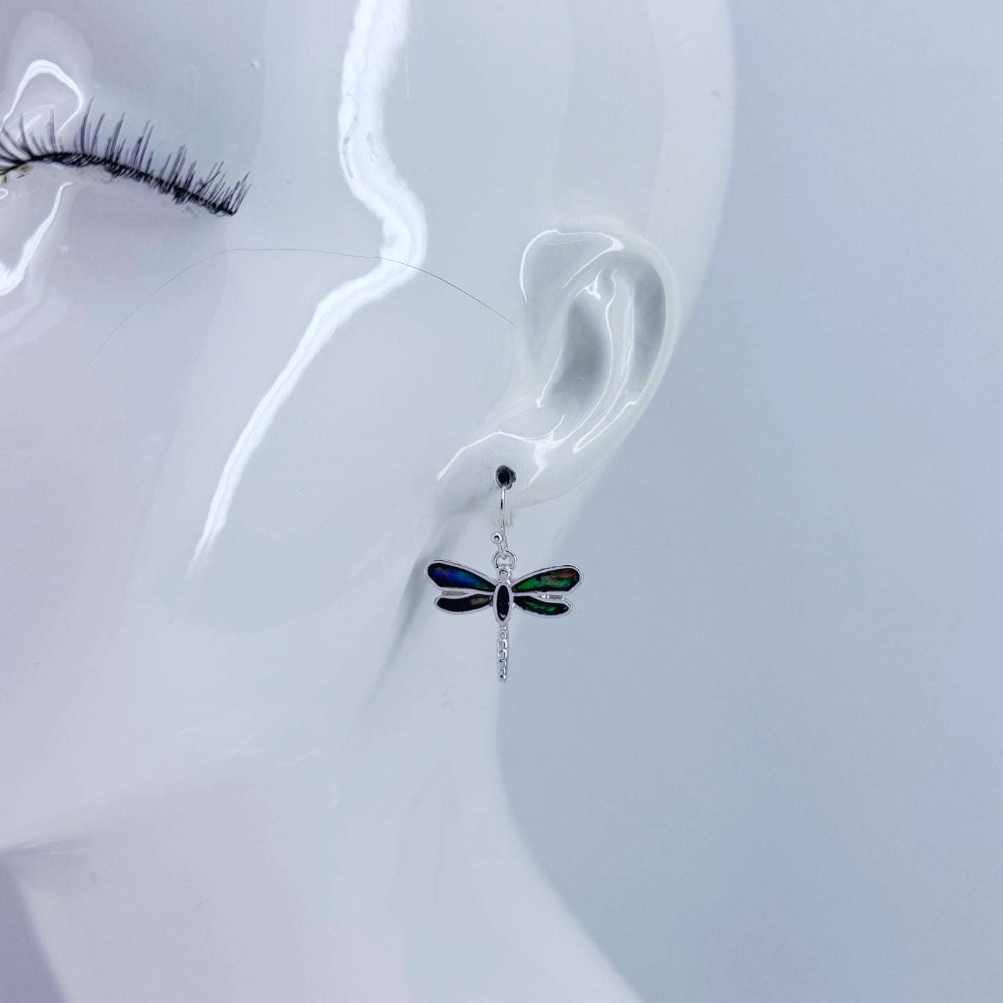 Silver Finish Fish Hook Earrings With Garden Abalone Dragonfly Dangle
