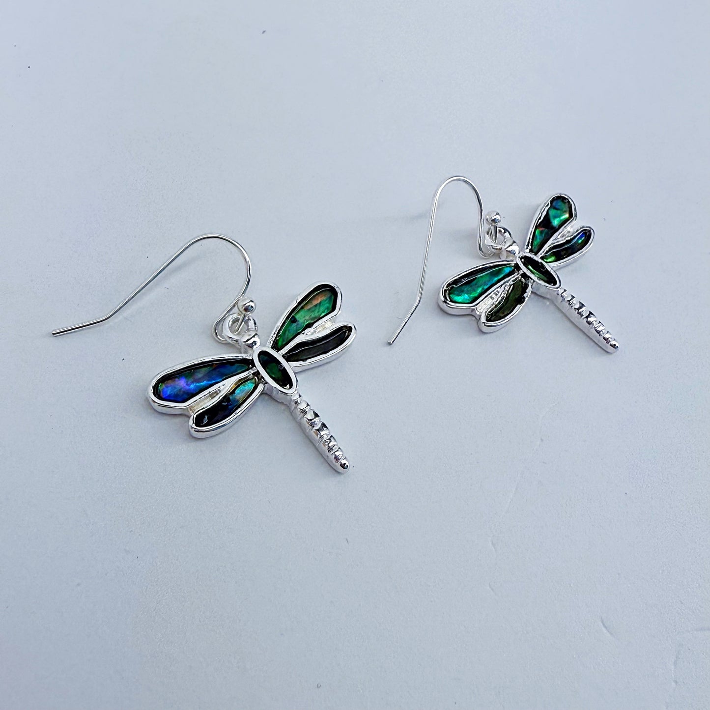 Silver Finish Fish Hook Earrings With Garden Abalone Dragonfly Dangle