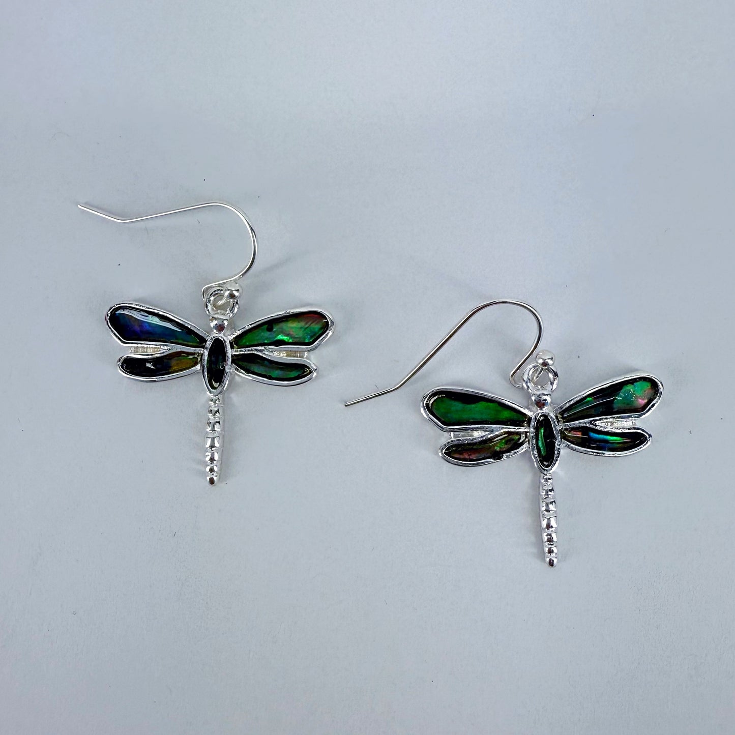 Silver Finish Fish Hook Earrings With Garden Abalone Dragonfly Dangle