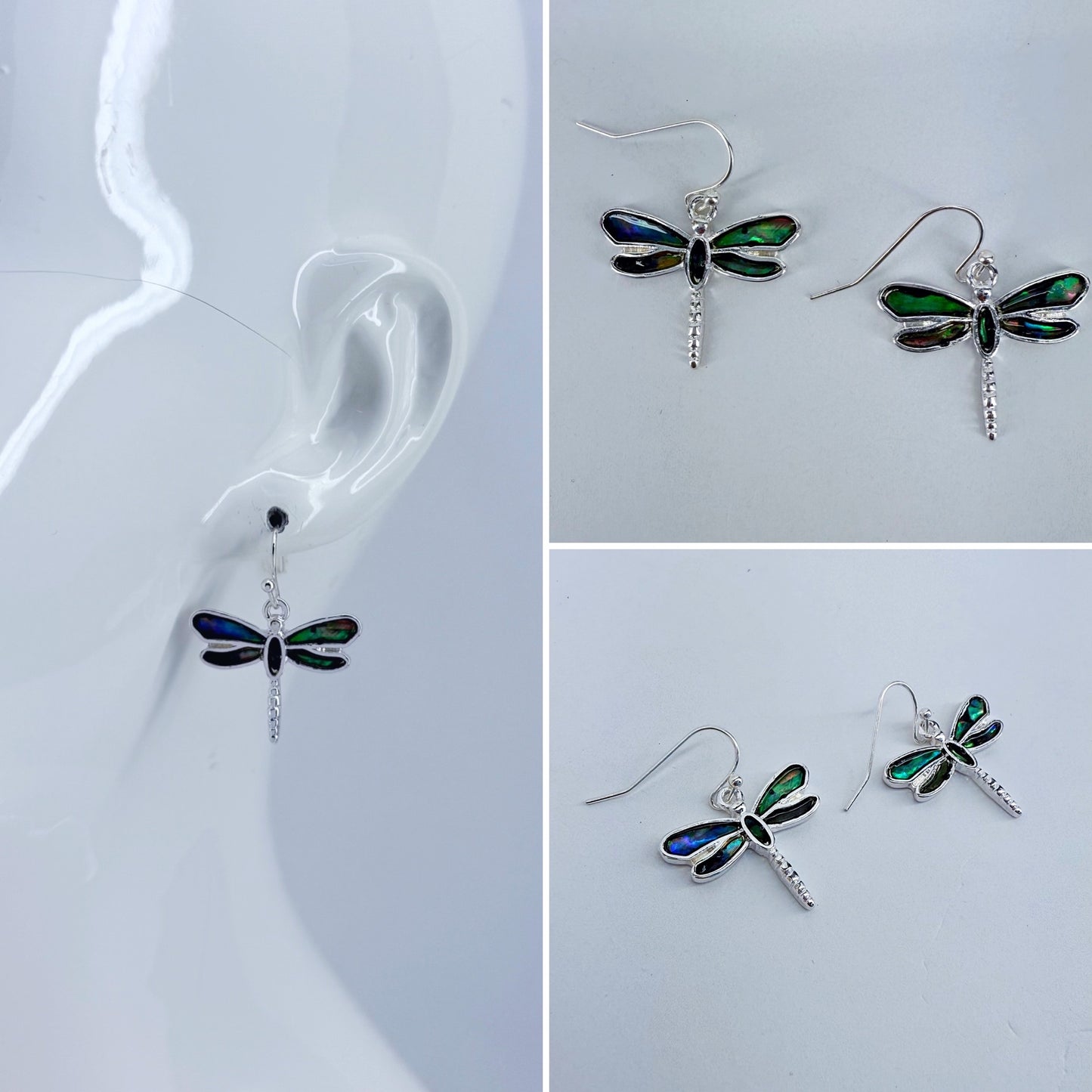 Silver Finish Fish Hook Earrings With Garden Abalone Dragonfly Dangle