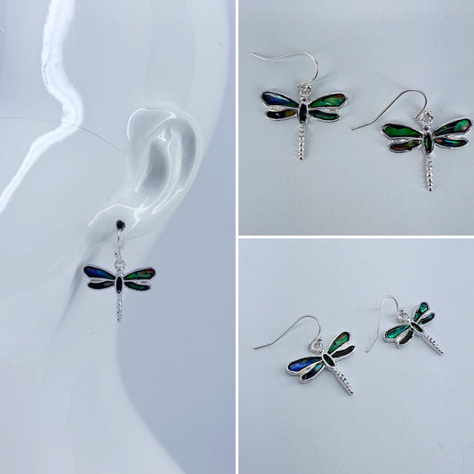 Silver Finish Fish Hook Earrings With Garden Abalone Dragonfly Dangle
