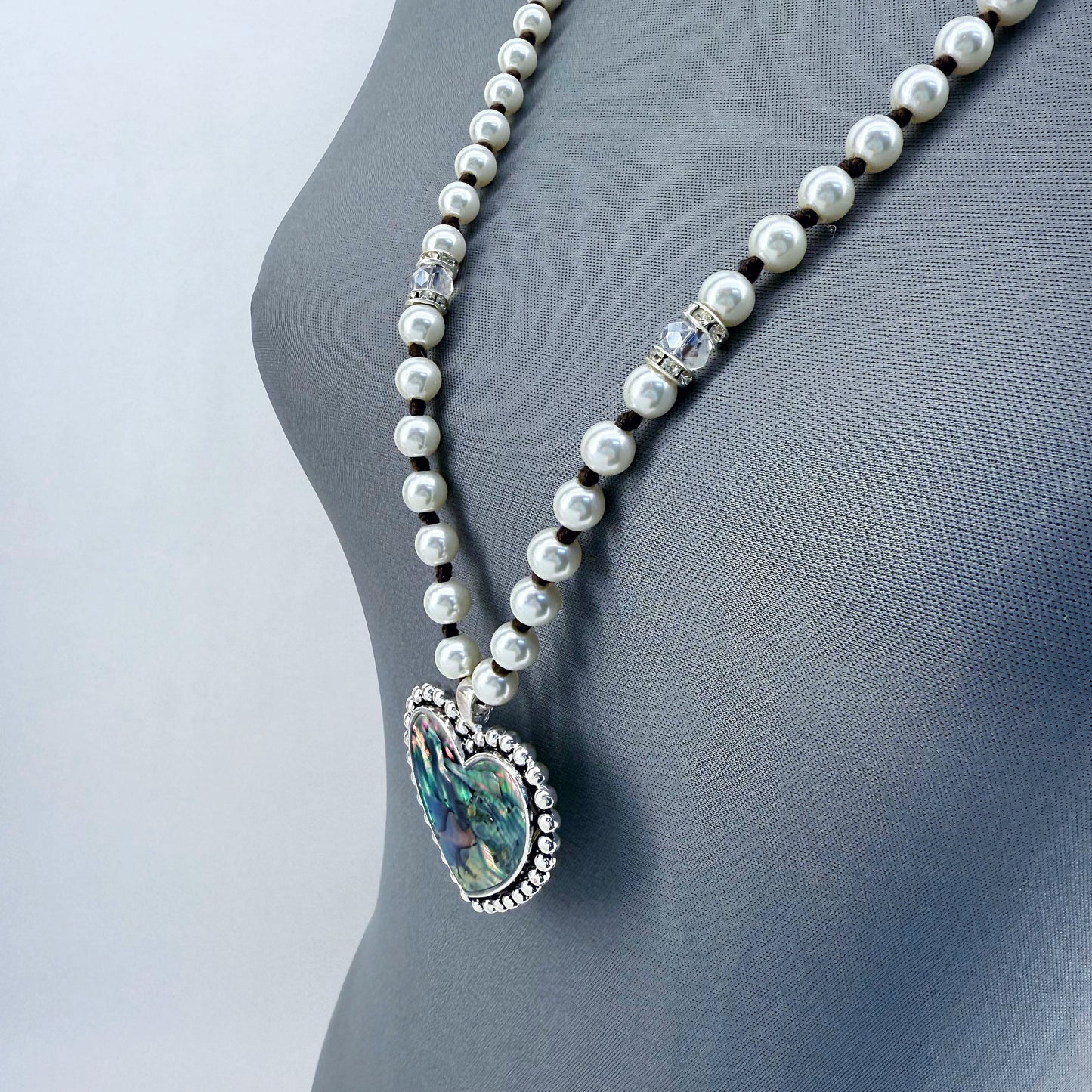 Long Pearls Necklace With Abalone Garden Heart Pendant