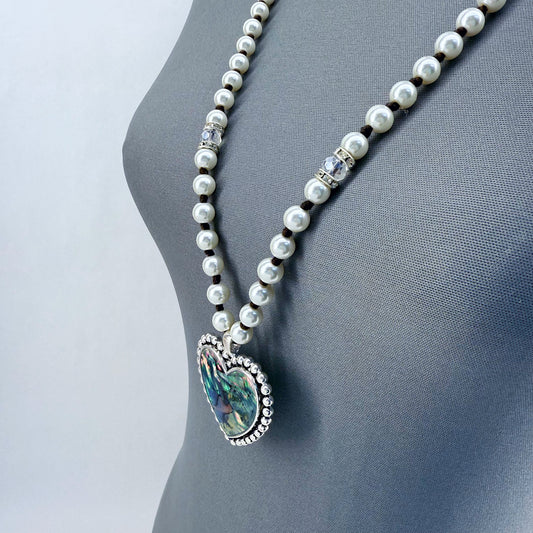 Long Pearls Necklace With Abalone Garden Heart Pendant