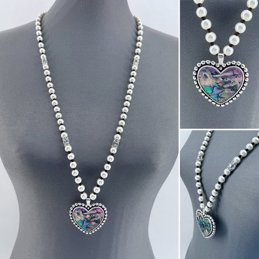 Long Pearls Necklace With Abalone Garden Heart Pendant