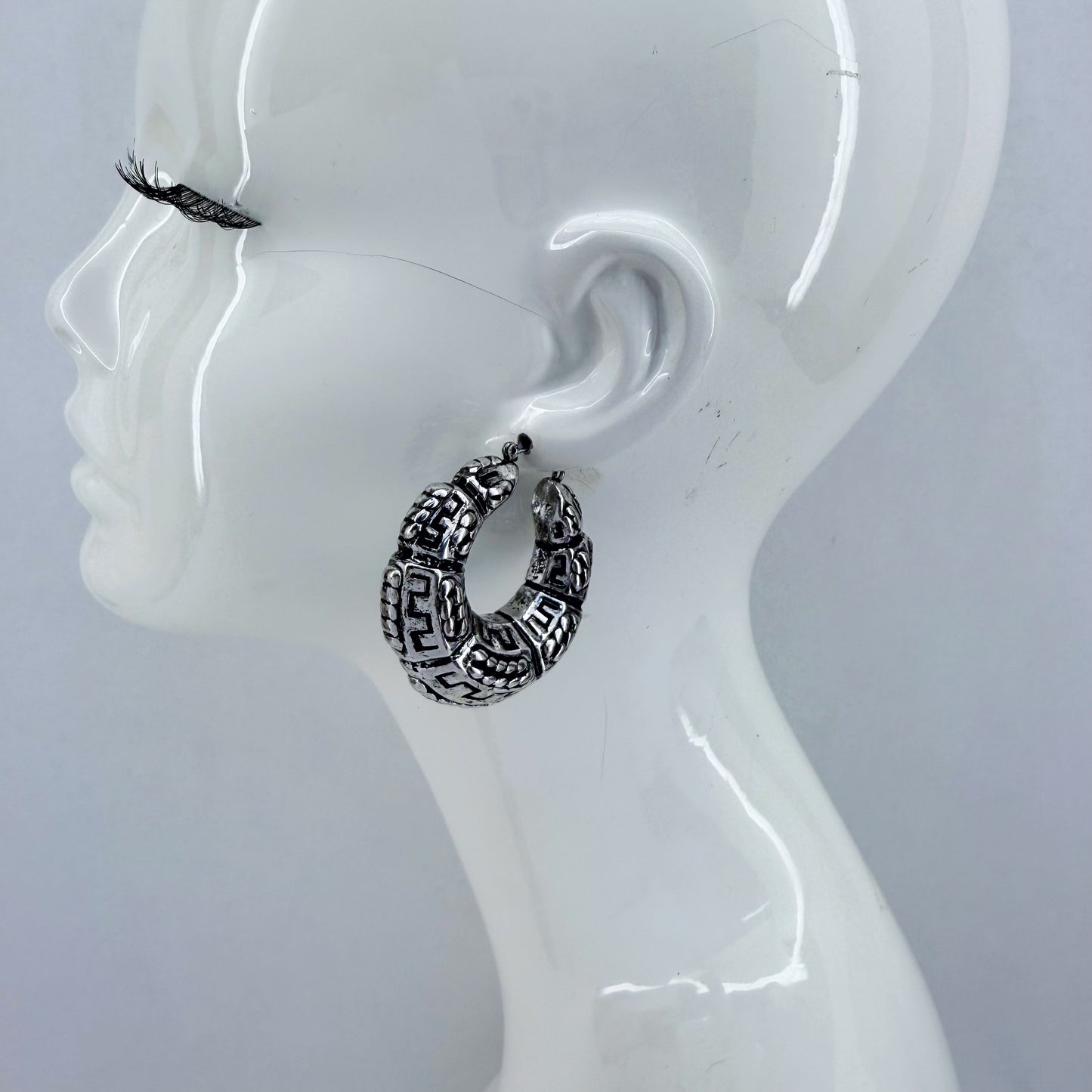 Silver Finish Tailored Hoop Earrings With Classic Western Pattern Design