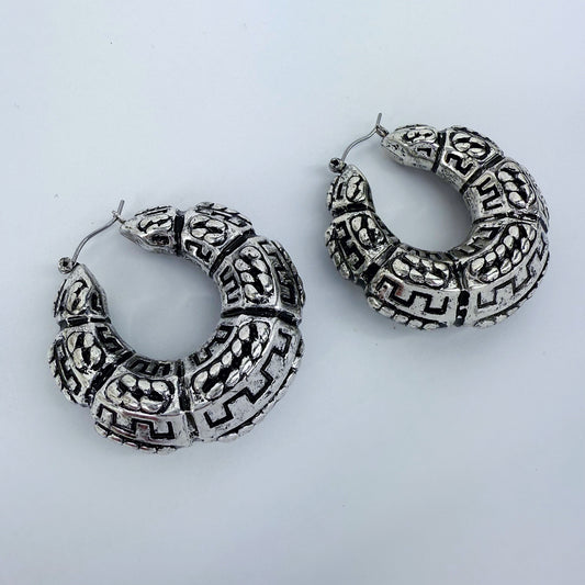 Silver Finish Tailored Hoop Earrings With Classic Western Pattern Design
