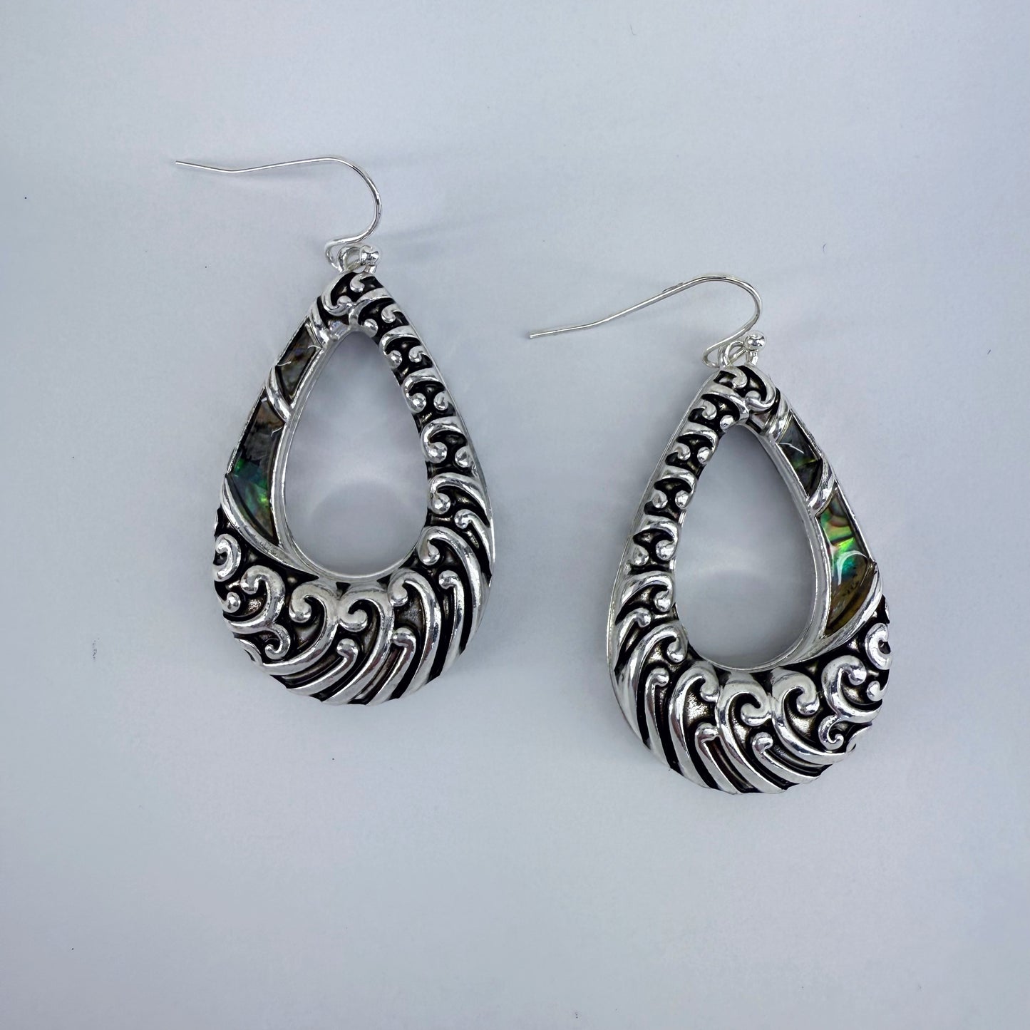 Silver Finish Fish Hook Earrings With Tailored Abalone Teardrop Dangle Design