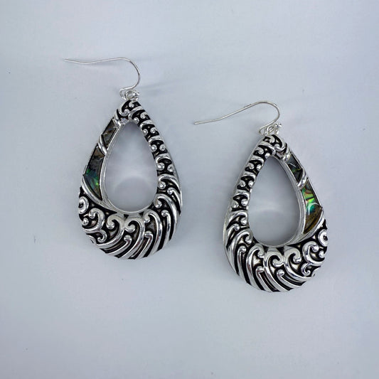 Silver Finish Fish Hook Earrings With Tailored Abalone Teardrop Dangle Design