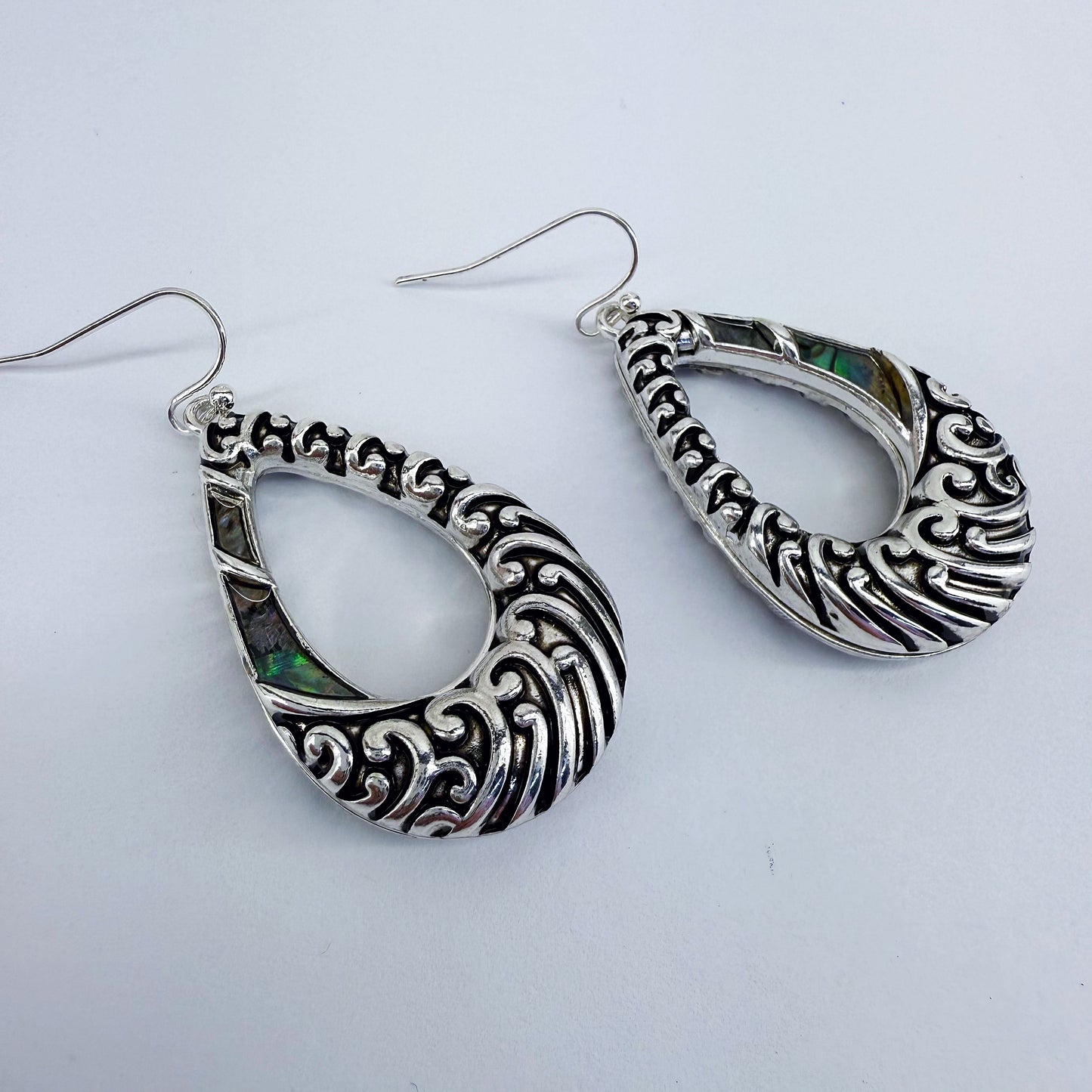 Silver Finish Fish Hook Earrings With Tailored Abalone Teardrop Dangle Design