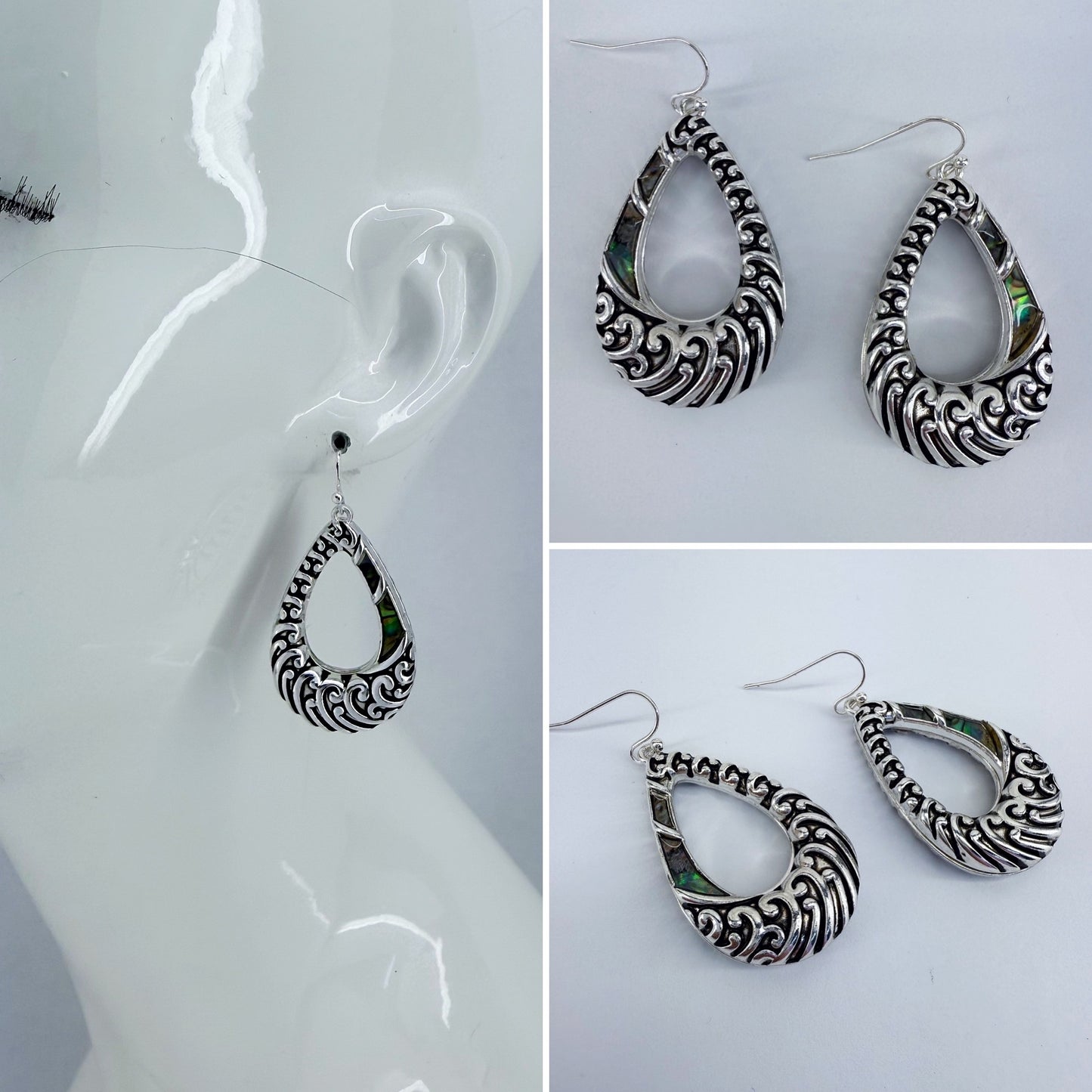 Silver Finish Fish Hook Earrings With Tailored Abalone Teardrop Dangle Design