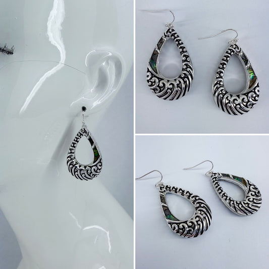 Silver Finish Fish Hook Earrings With Tailored Abalone Teardrop Dangle Design