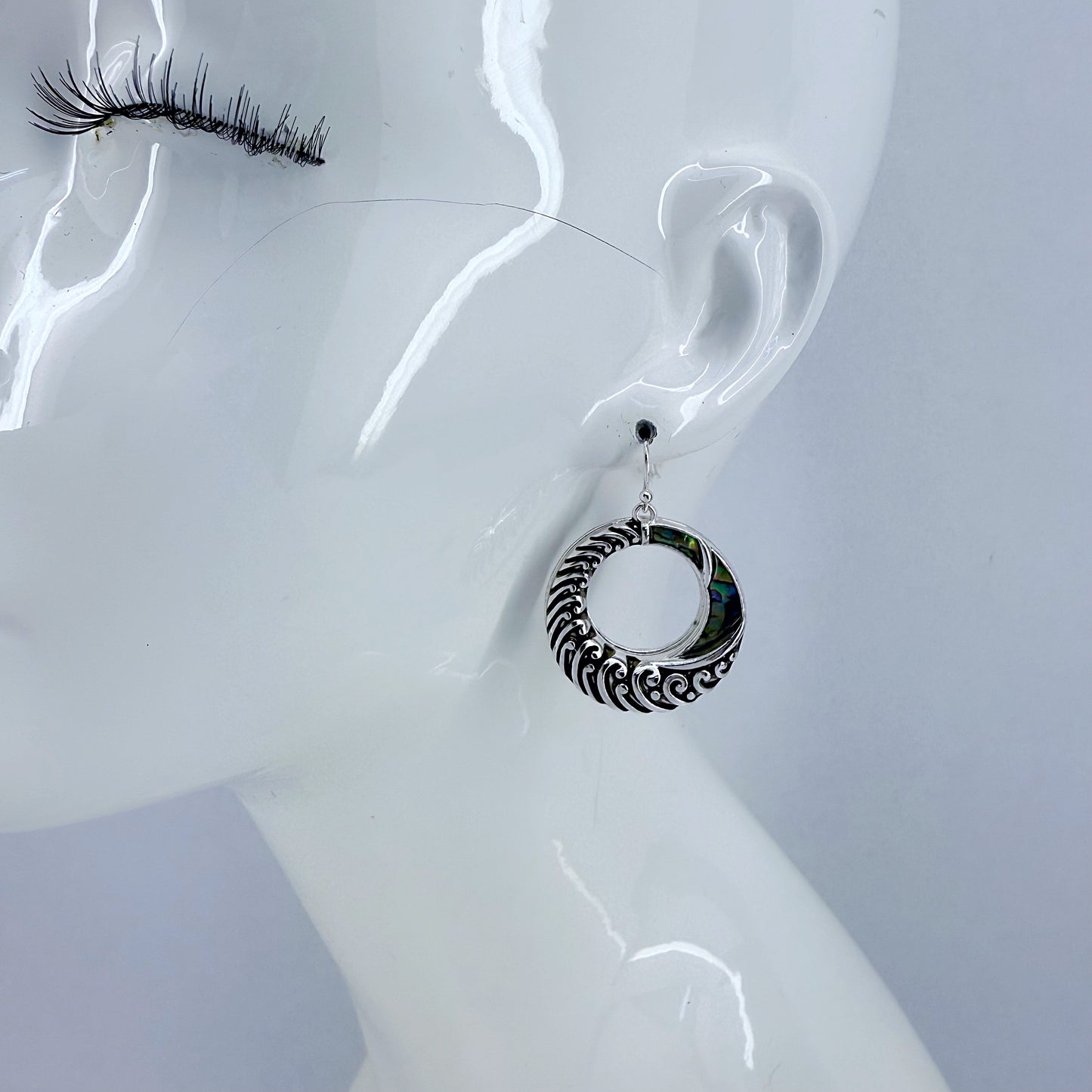 Silver Finish Fish Hook Earring With Abalone Circle Design Dangle