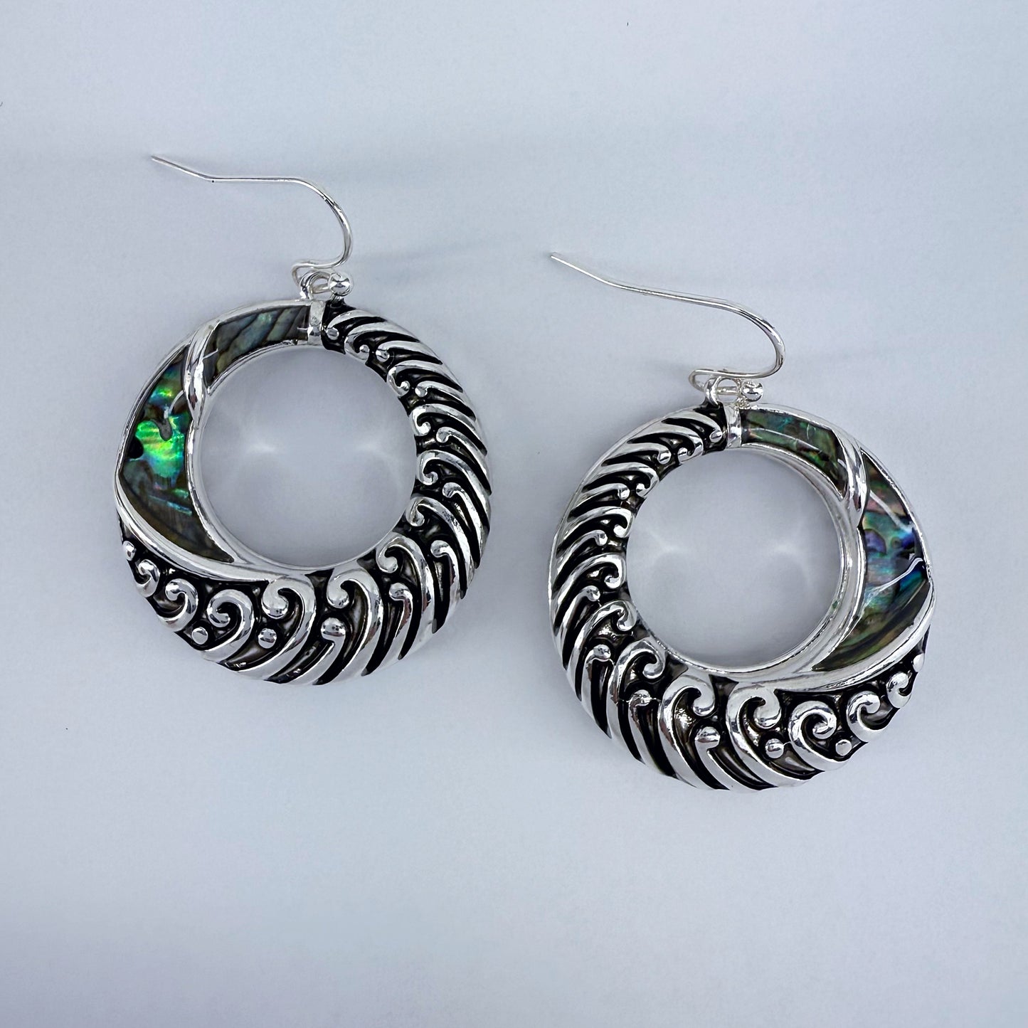 Silver Finish Fish Hook Earring With Abalone Circle Design Dangle