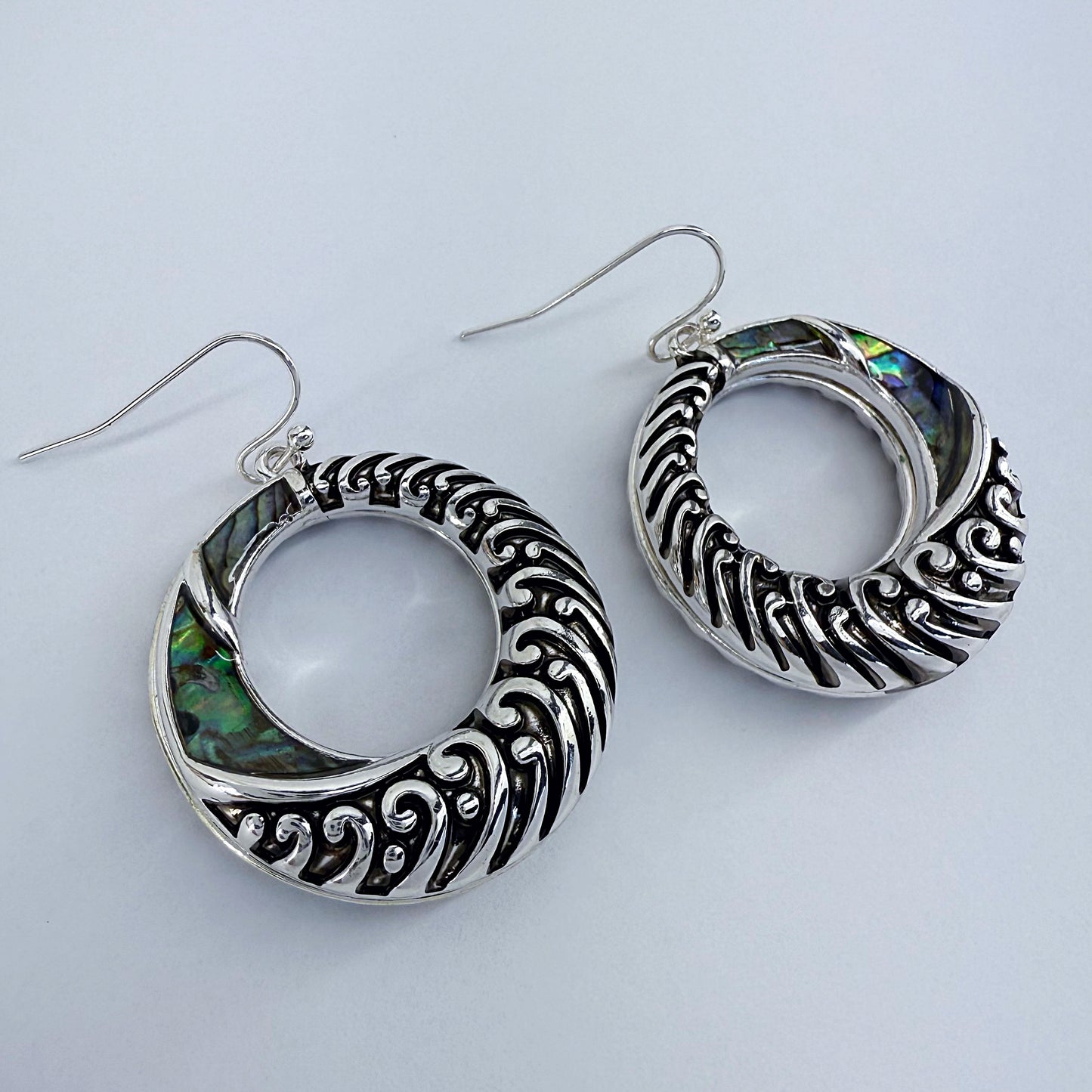 Silver Finish Fish Hook Earring With Abalone Circle Design Dangle