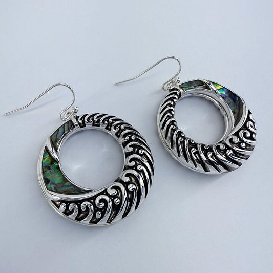 Silver Finish Fish Hook Earring With Abalone Circle Design Dangle