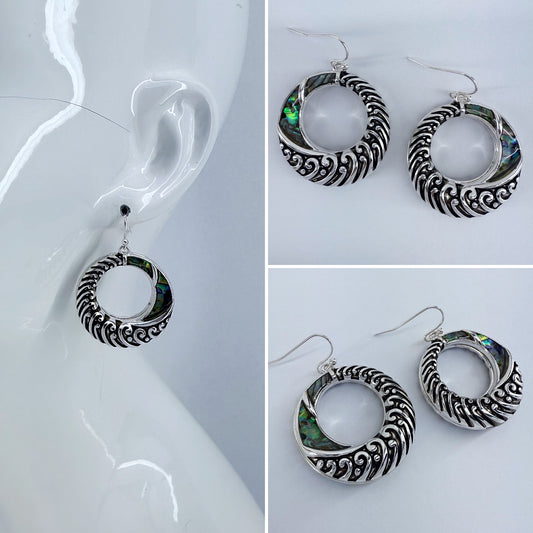 Silver Finish Fish Hook Earring With Abalone Circle Design Dangle