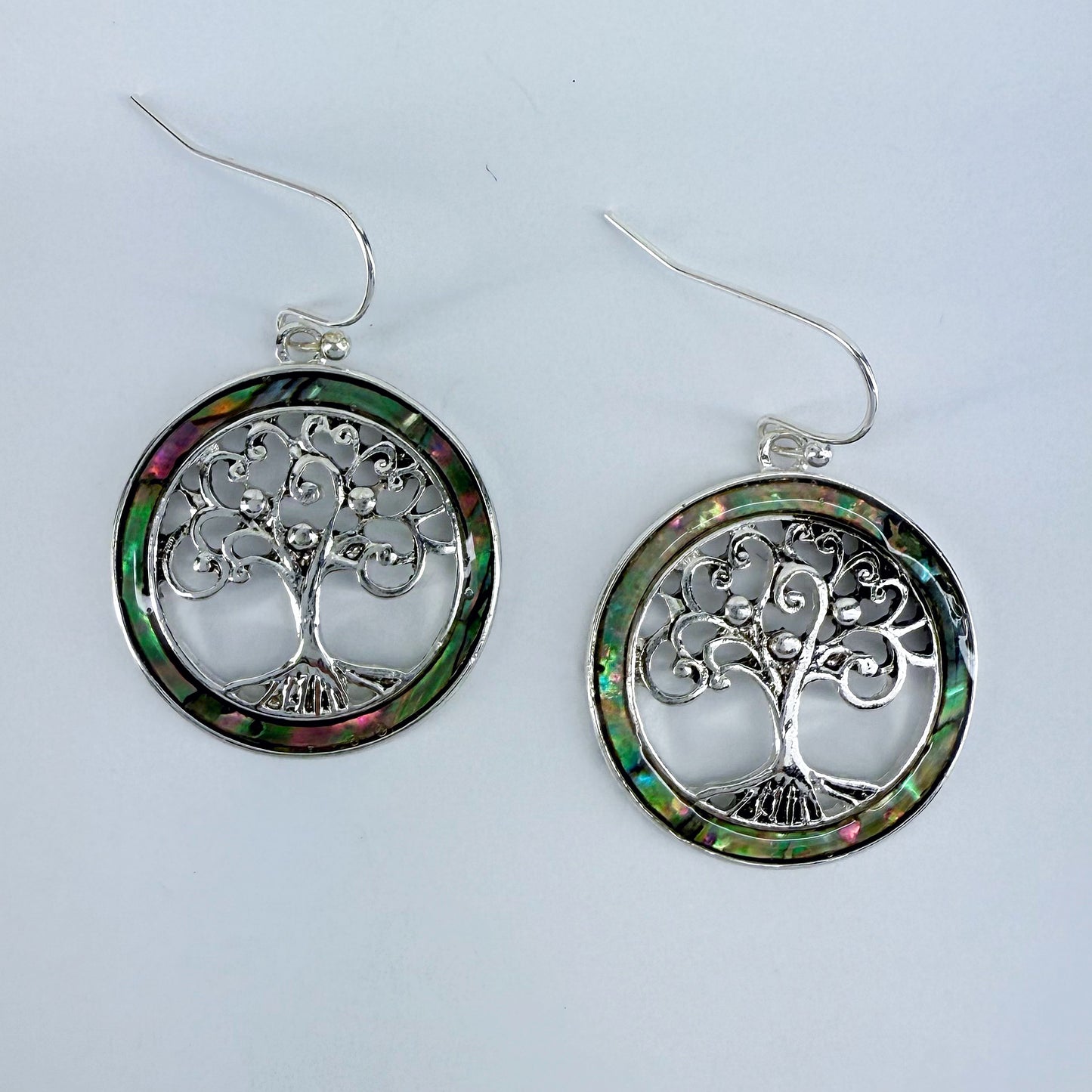 Silver Fish Hook With Circle Made Of Abalone And Tree Of Life Dangle