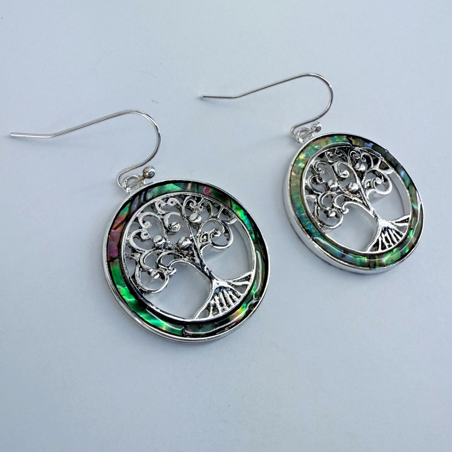 Silver Fish Hook With Circle Made Of Abalone And Tree Of Life Dangle
