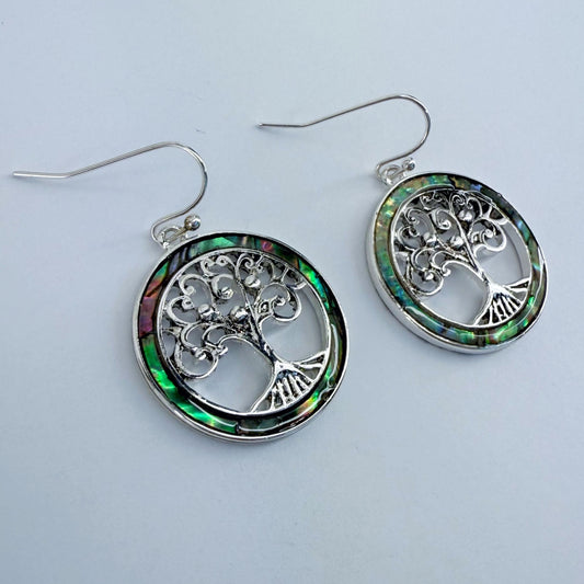 Silver Fish Hook With Circle Made Of Abalone And Tree Of Life Dangle