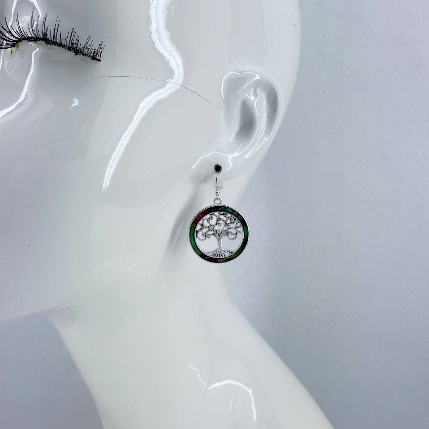 Silver Fish Hook With Circle Made Of Abalone And Tree Of Life Dangle