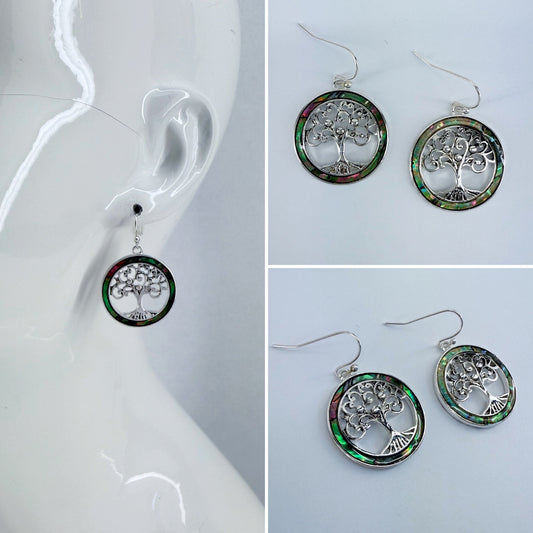 Silver Fish Hook With Circle Made Of Abalone And Tree Of Life Dangle