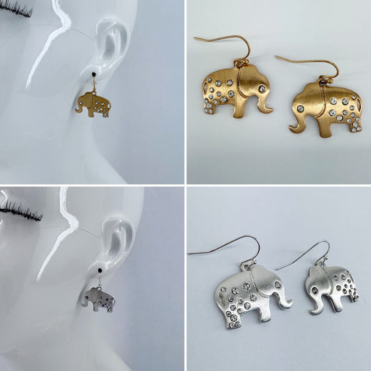 Fish Hook Metal Elephant And Rhinestone Design Dangle