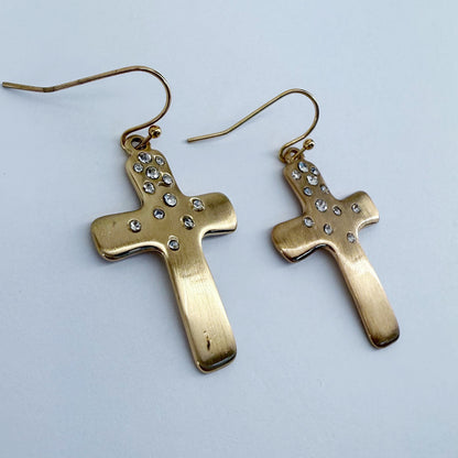 Fish Hook Metal Cross and Rhinestone Dangle