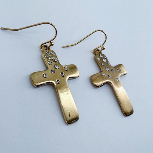 Fish Hook Metal Cross and Rhinestone Dangle