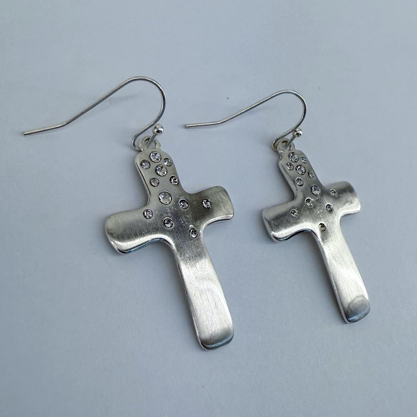 Fish Hook Metal Cross and Rhinestone Dangle
