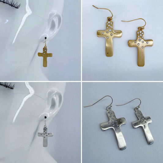 Fish Hook Metal Cross and Rhinestone Dangle