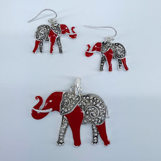 Silver Fish Hook Earrings With Rhinestones Elephant Dangles And Elephant Pendant