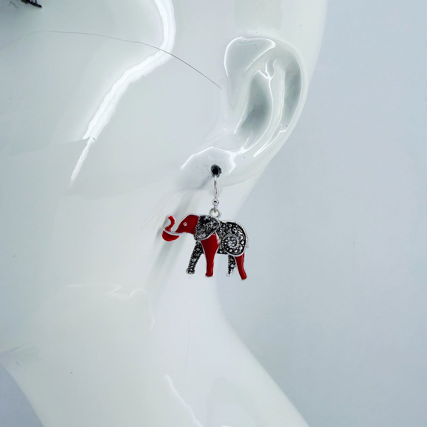 Silver Fish Hook Earrings With Rhinestones Elephant Dangles And Elephant Pendant