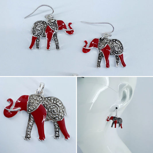 Silver Fish Hook Earrings With Rhinestones Elephant Dangles And Elephant Pendant