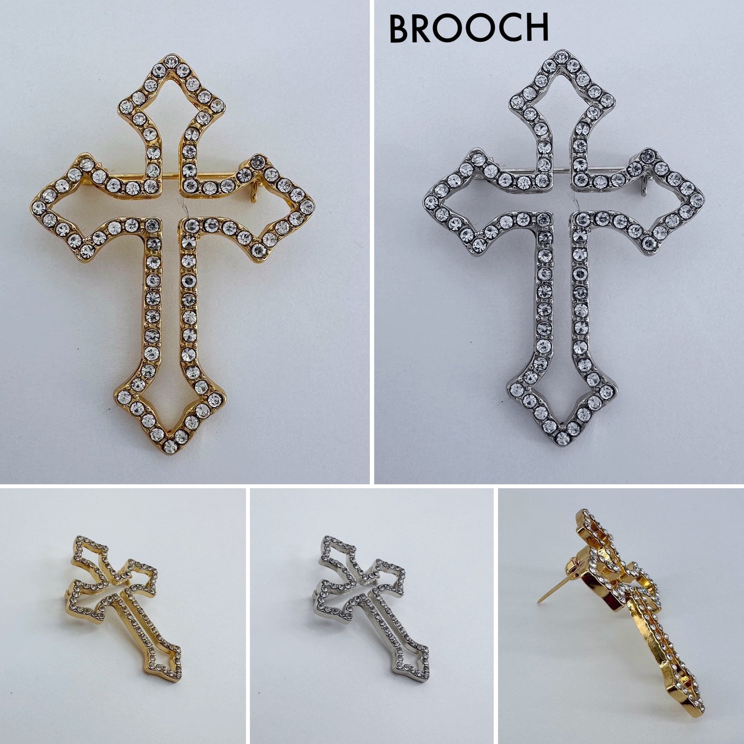 Catholic Cross with Clear Rhinestones Brooch