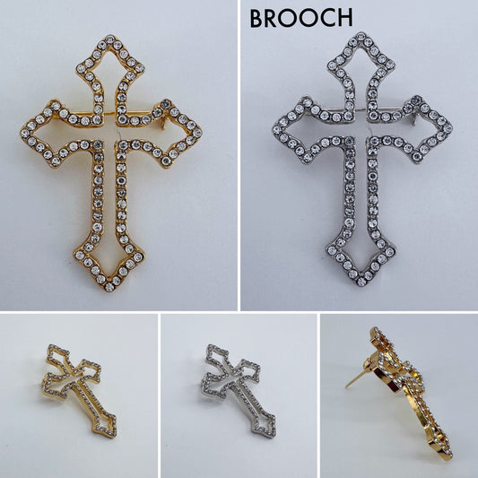 Catholic Cross with Clear Rhinestones Brooch