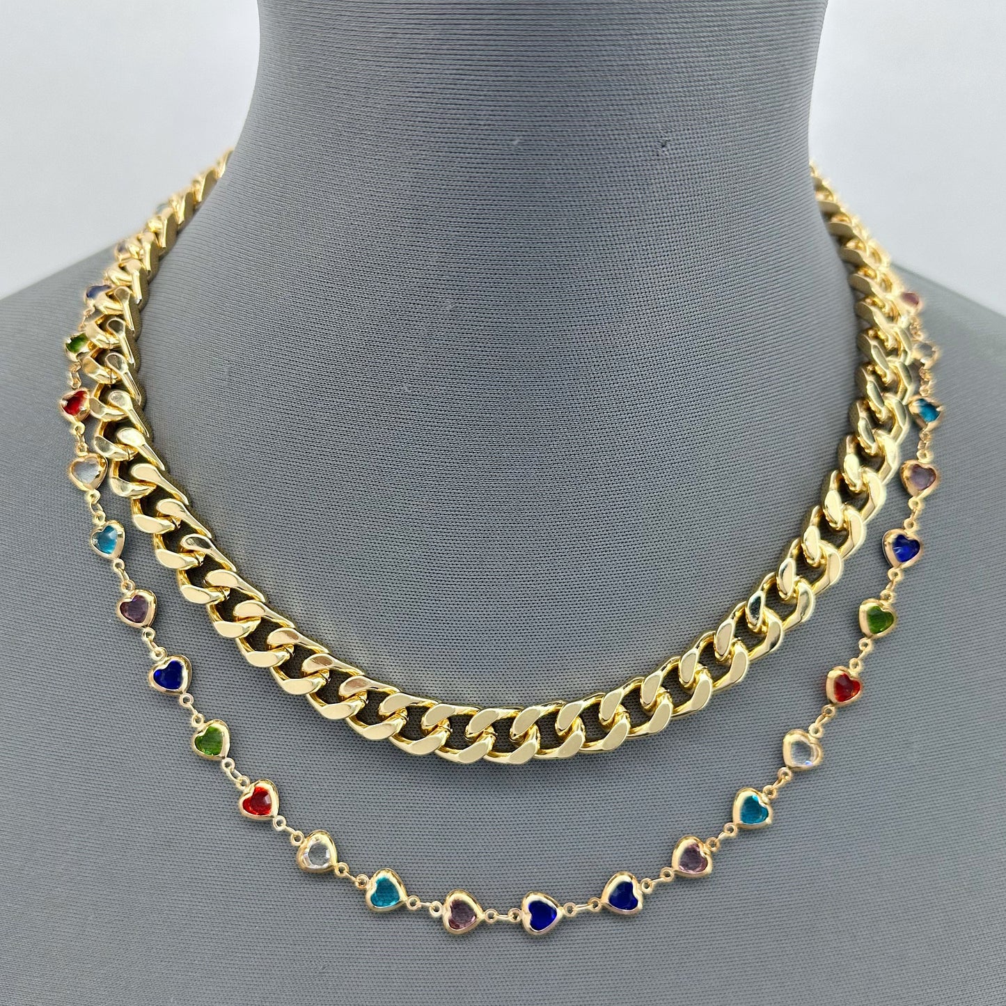 Gold Finish Double Layered Multicolor Heart Rhinestones Necklace