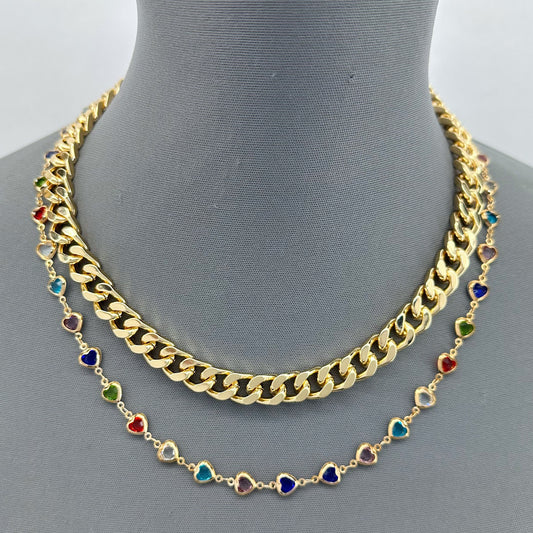 Gold Finish Double Layered Multicolor Heart Rhinestones Necklace