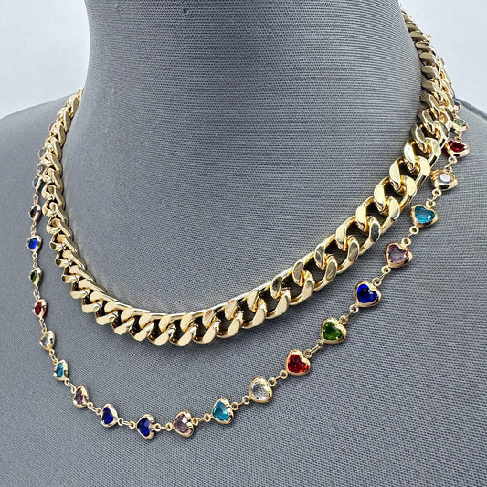 Gold Finish Double Layered Multicolor Heart Rhinestones Necklace