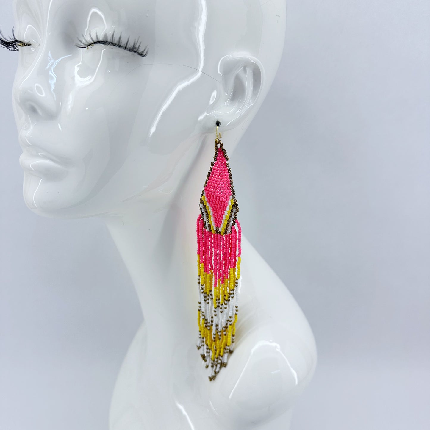 Long Beaded Pink and Yellow Tribal Earrings