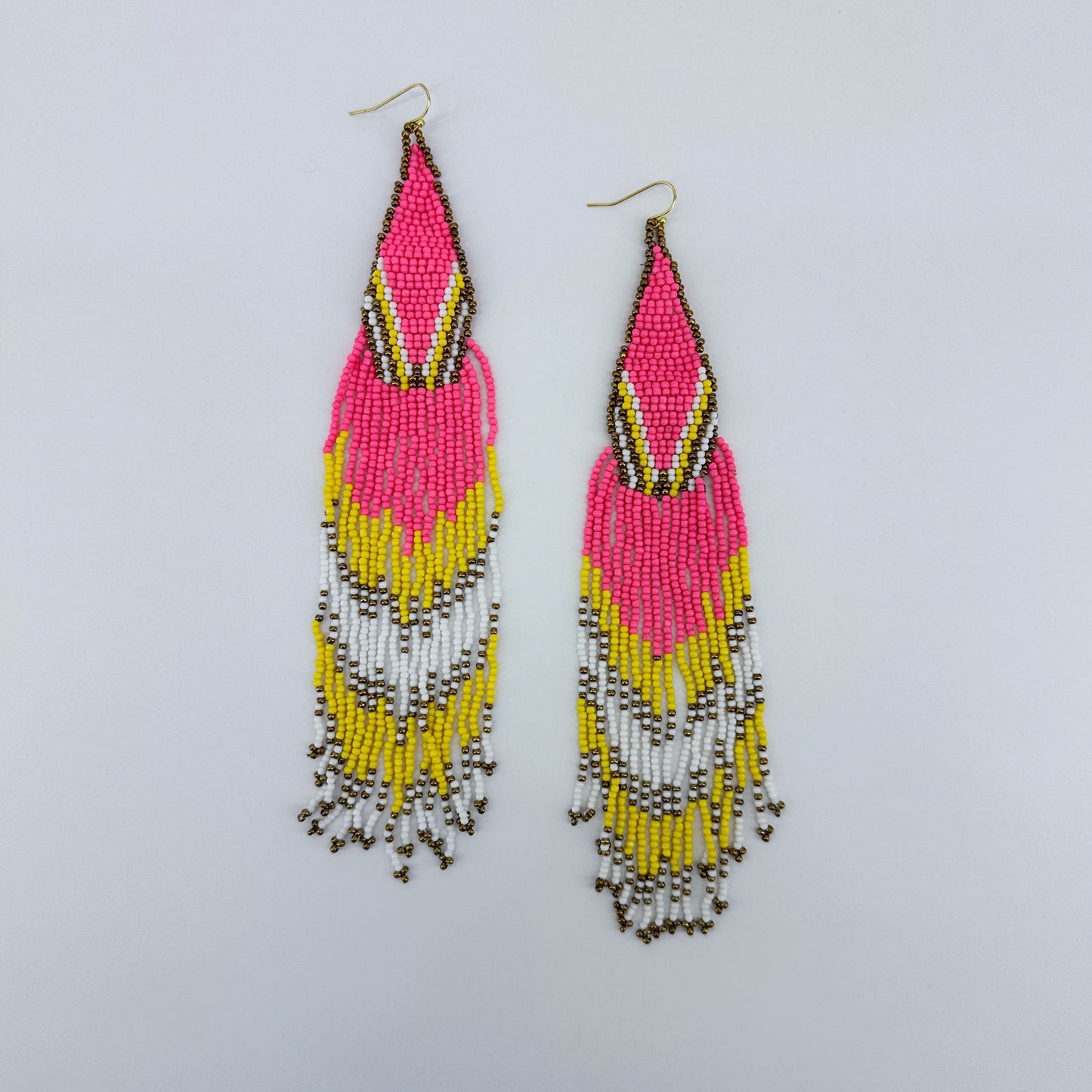 Long Beaded Pink and Yellow Tribal Earrings