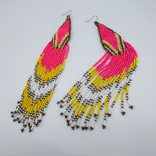 Long Beaded Pink and Yellow Tribal Earrings