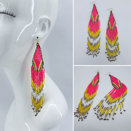Long Beaded Pink and Yellow Tribal Earrings