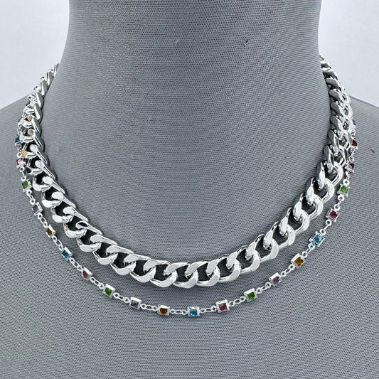 Double Layered Cuban Link Chain Necklace Multicolor Stones