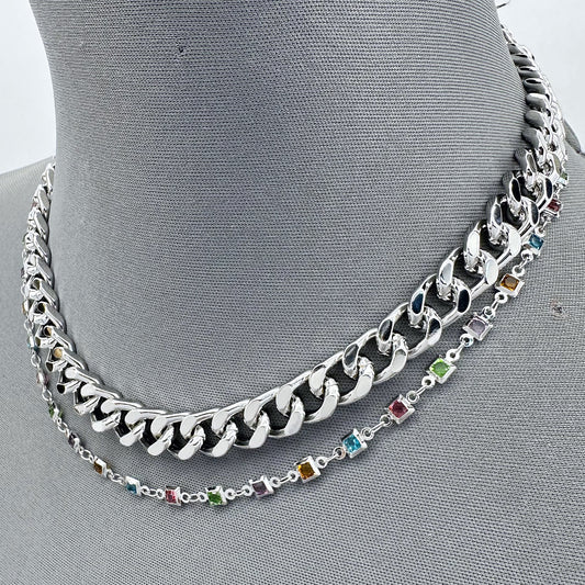 Double Layered Cuban Link Chain Necklace Multicolor Stones