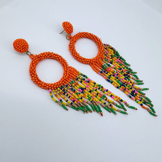 Orange Multicolor Beaded Drop Dangle Earrings